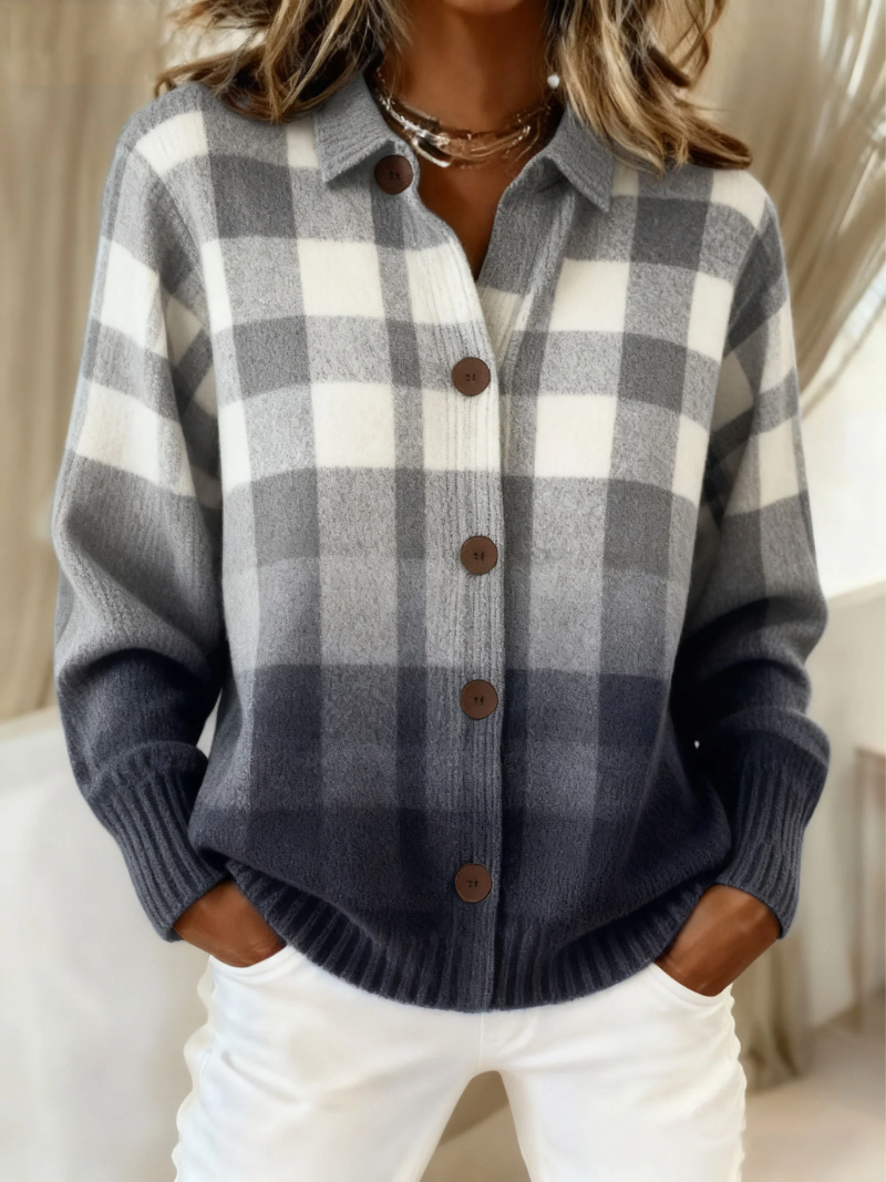 Mara - Checked Knit Button-Up Blouse