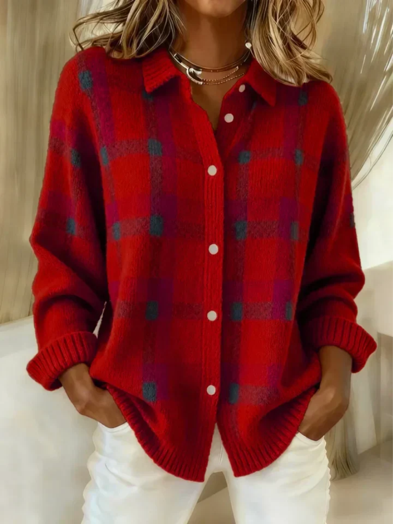 Mila - Checked Knit Button-Up Blouse
