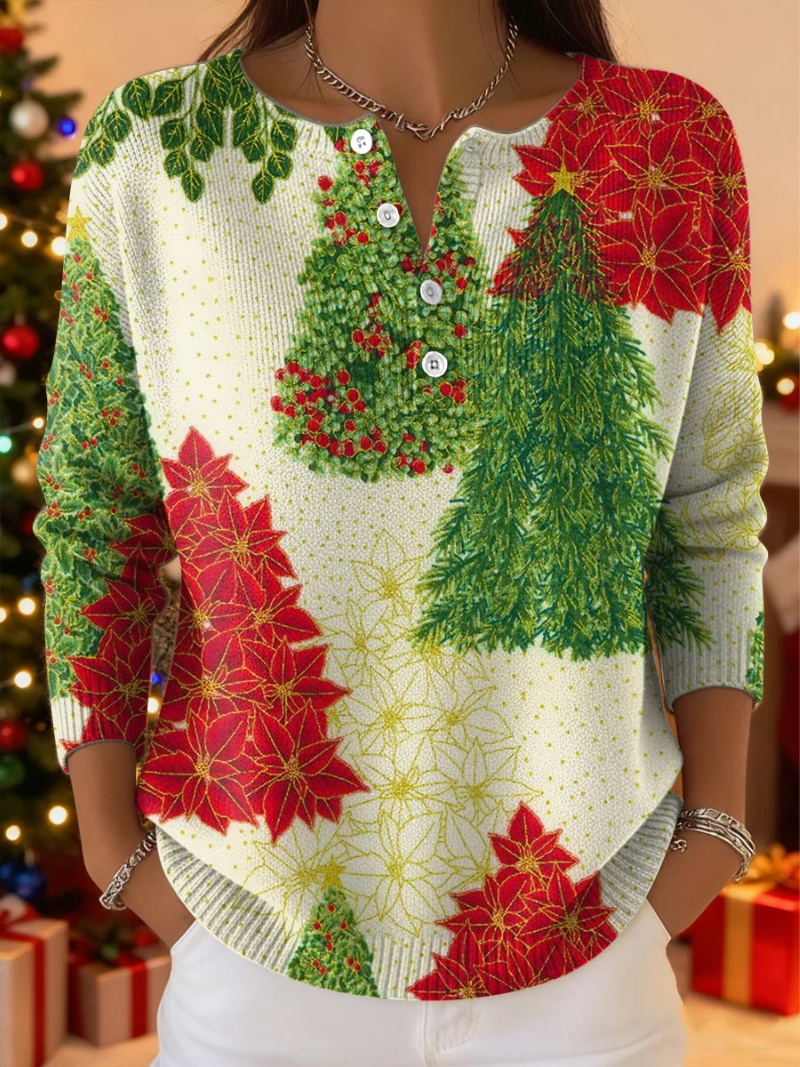 Elena - Pine and Star Print Christmas Sweater
