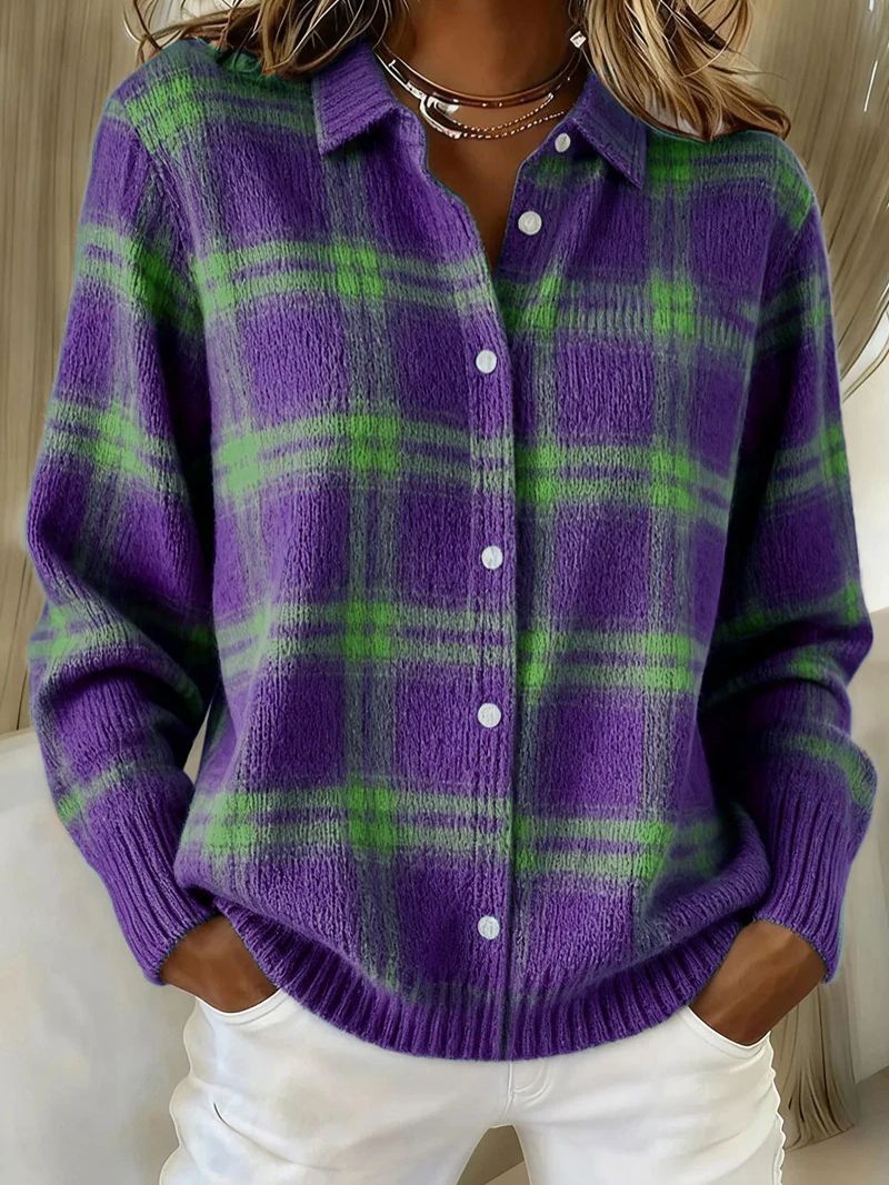 Sofie - Checked Knit Button-Up Blouse