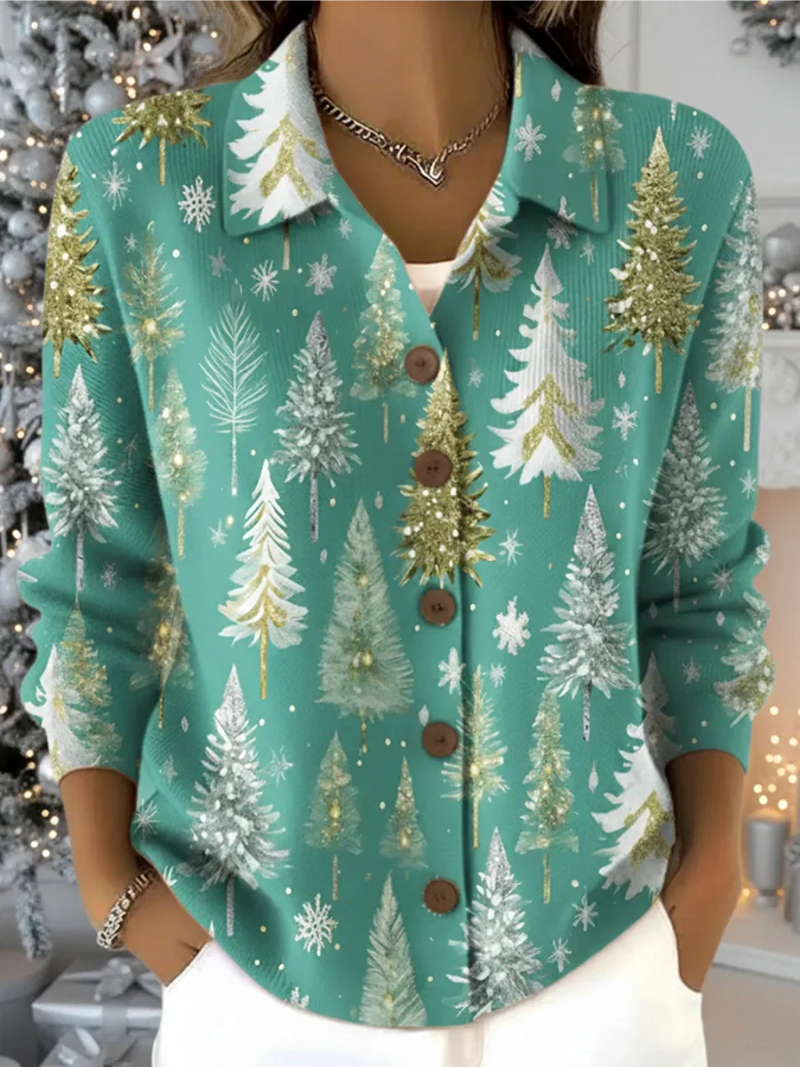 Mira - Pine Print Christmas Knit Blouse