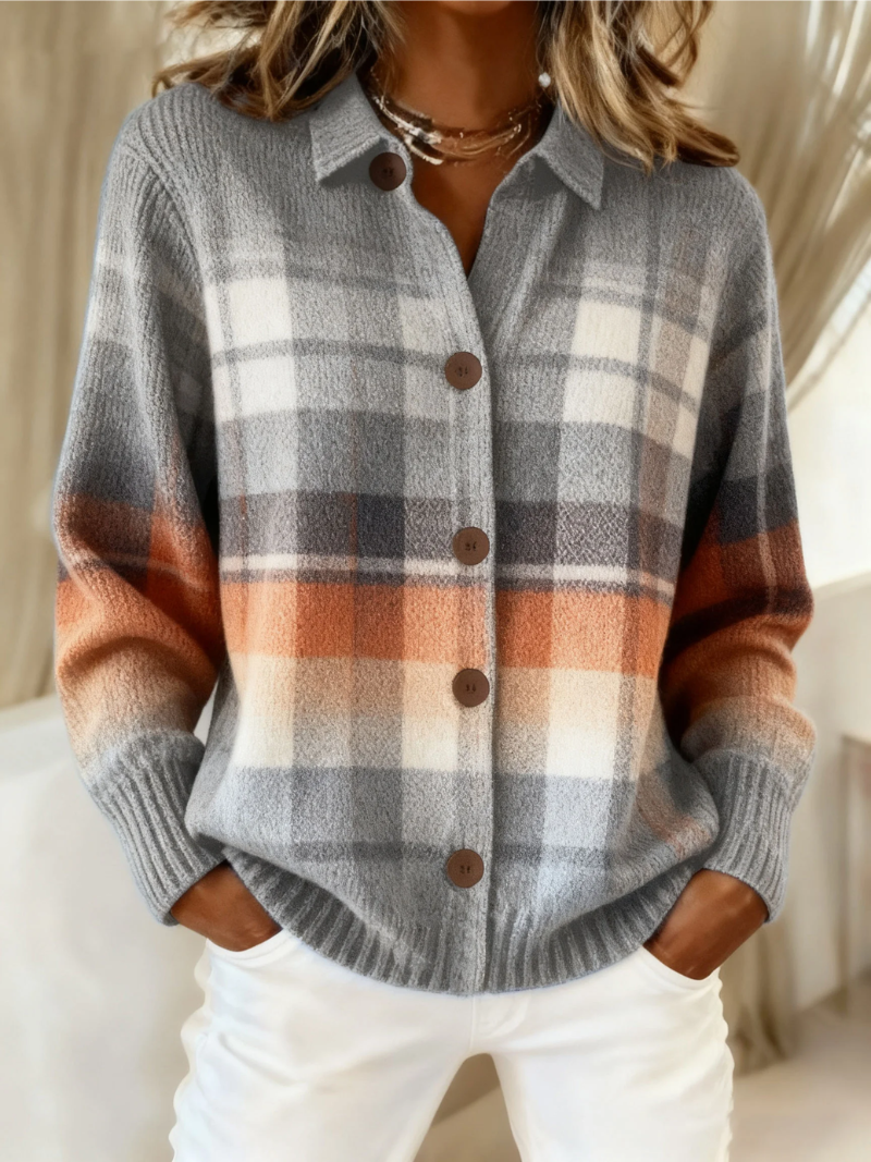 Elena - Checked Knit Button-Up Blouse