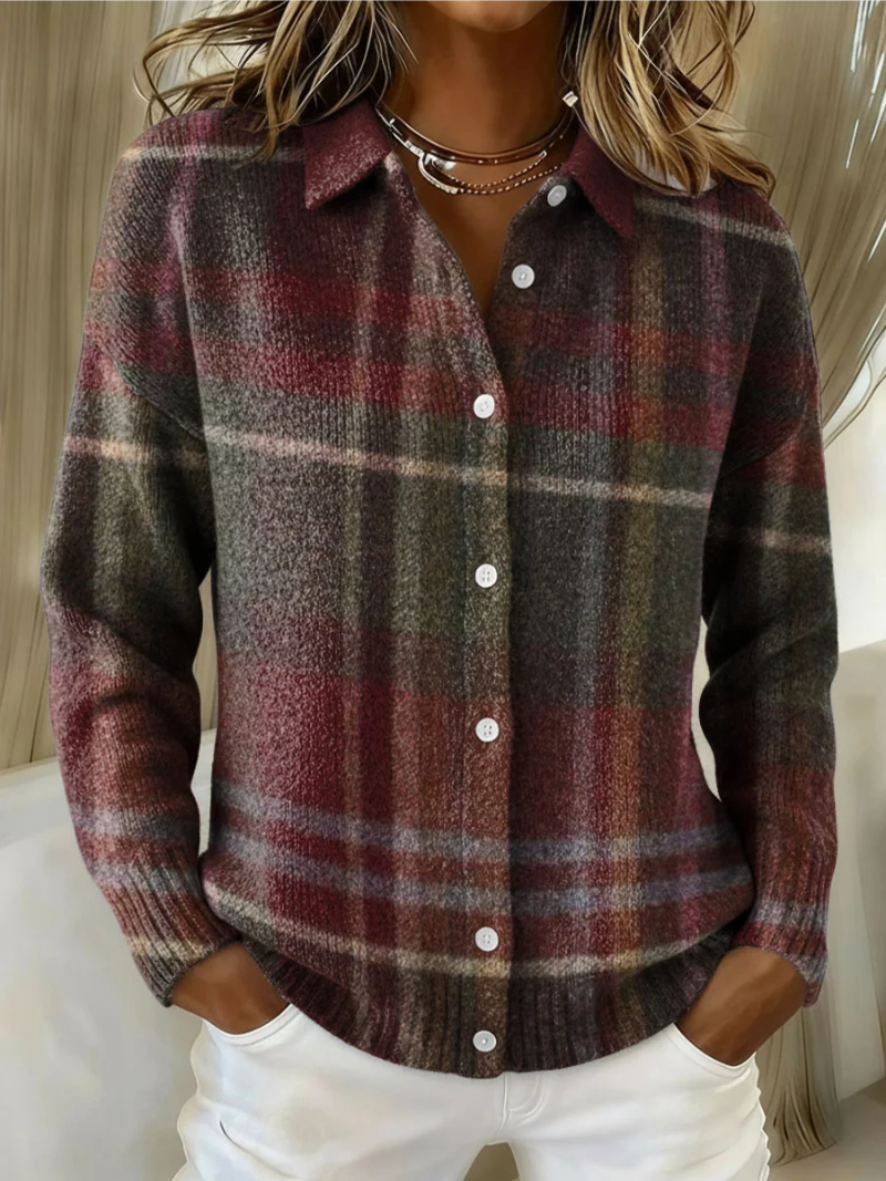 Emily - Checked Knit Button-Up Blouse