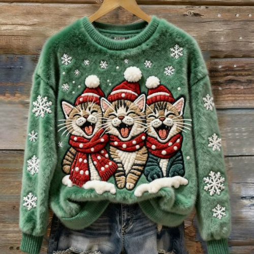 Saar - Cat Print Christmas Sweater