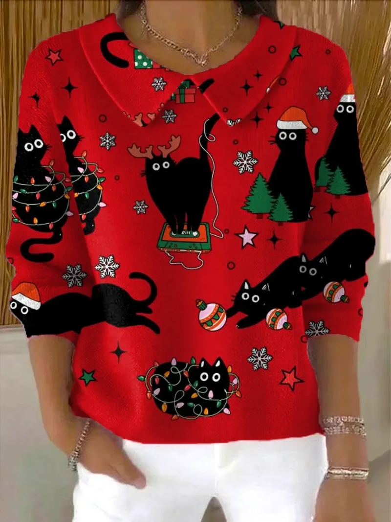 Luna - Cat Print Christmas Knit Blouse