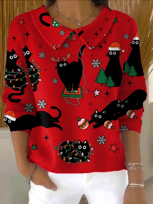 Luna - Cat Print Christmas Knit Blouse