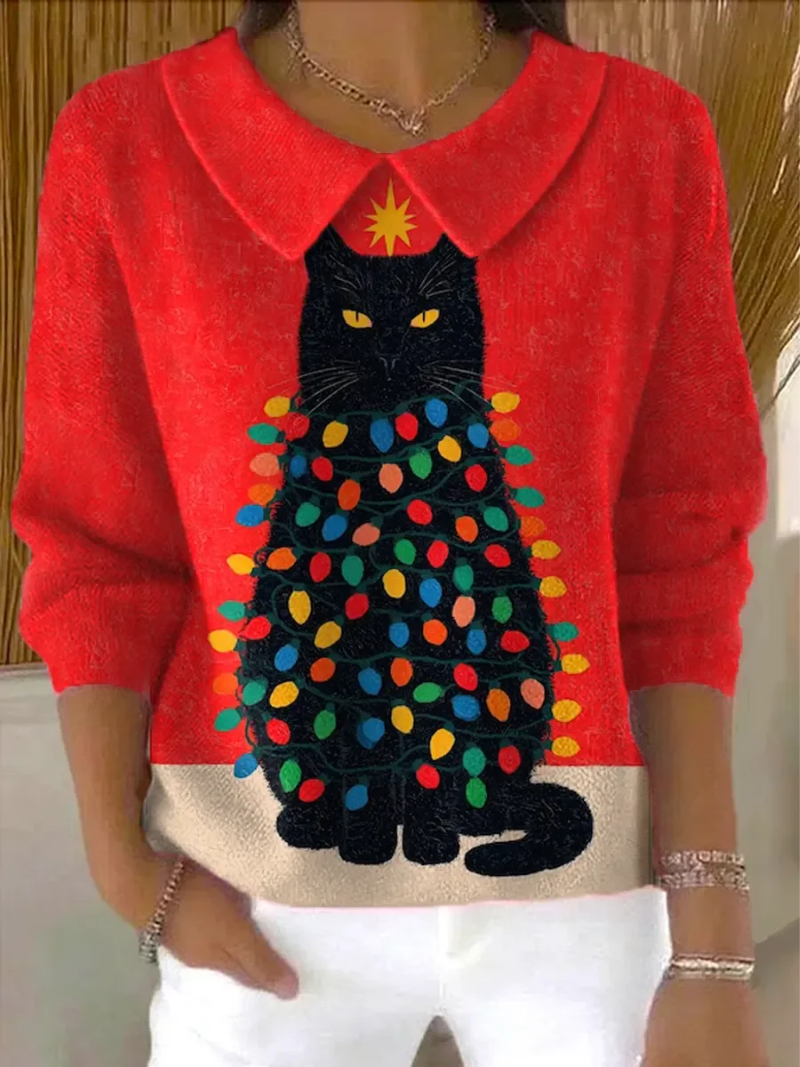 Mila - Cat Print Christmas Knit Blouse