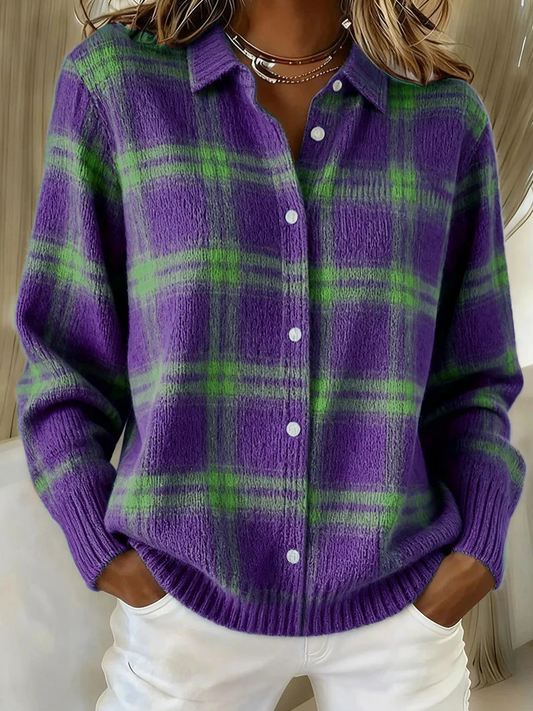 Sofie - Checked Knit Button-Up Blouse