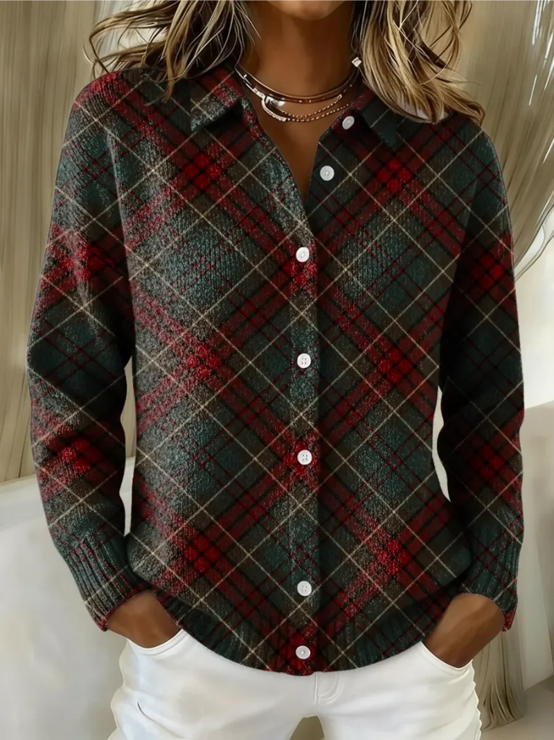 Livia - Checked Knit Button-Up Blouse